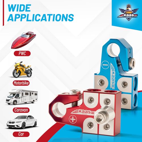Kaas Lead Acid Battery Terminal Clamps, Positive and Negative Set, for SAE/DIN/EN Tapered Top Post, 4-Way Connectors, Compatible with 8AWG to 4/0 AWG, Includes OEM Top Post Adapter