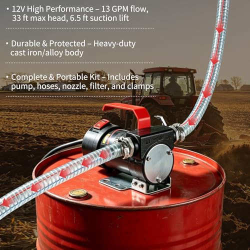 Diesel Transfer Pump, 12 Volt Fuel Transfer Pump with Nozzle Hoses for Transferring Diesel, Kerosene, Machine Oil, Self Priming DC Fuel Pump Kit - style: 12V 13GPM-Diesel