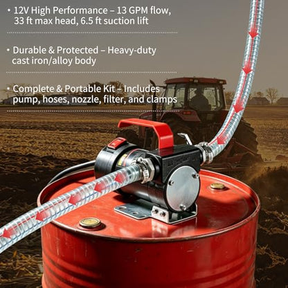 Diesel Transfer Pump, 12 Volt Fuel Transfer Pump with Nozzle Hoses for Transferring Diesel, Kerosene, Machine Oil, Self Priming DC Fuel Pump Kit - style: 12V 13GPM-Diesel