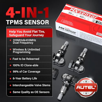 Autel MX-Sensor 2 in 1 (315MHz + 433MHz)(Press-in) 100% Cloneable TPMS Programmable Sensors for Tire Pressure Monitoring System(Metal Valves,Set of 4 Pieces)