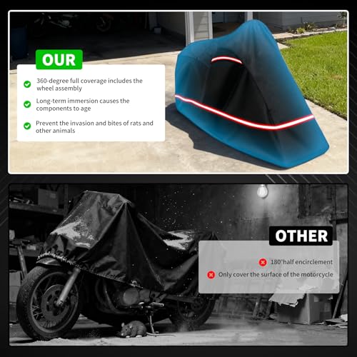 Full Enclosed Motorcycle Cover - Waterproof for Outdoor & Indoor Storage,600D Heavy Duty with Reflective Strips,Fits Scooters & Touring Motorcycles up to Length 96.5" x 45" x 53"Black - size: 96.5"Lx 45"Wx 53"H