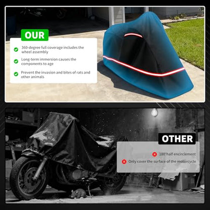 Full Enclosed Motorcycle Cover - Waterproof for Outdoor & Indoor Storage, 600D Heavy Duty with Reflective Strips, Fits Scooters & Touring Motorcycles up to Length 86.6" x 45" x 53"Black - size: 86.6"Lx 45"Wx 53"H