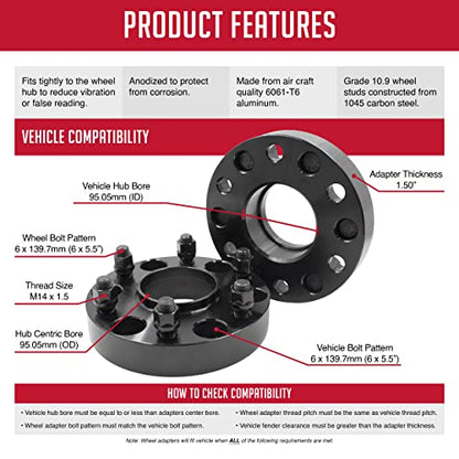 Wheel Accessories Parts 2 Pcs Hub Centric Wheel Spacers Adapters 6x5.5 6x139.7mm 1.50 Inch Thick 95.05mm Hub M14x1.5 14x1.5 Thread Stud Fits Toyota Tacoma Tundra 4-Runner Land Cruiser - size: 1.5" (2 Pack), style: 22+ Tundra 25+ Tacoma (Hub Cebtric)