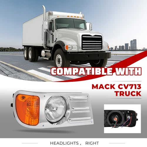 HECASA Headlight+Corner Light+Headlight Bezel Compatible with Mack CV713 - color: Clear Lens Silvery Bezel, size: Right