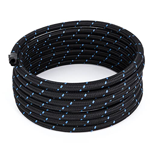 20FT 6AN 3/8 CPE Nylon Stainless Steel Braided Fuel Line Hose, Black & Blue - color: Black & Blue
