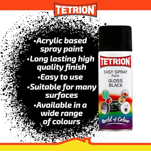 Tetrion Easy Spray Paint – Gloss Black 400ml (Pack of 6) - All-Purpose Fast Drying Acrylic Spray for Wood, Metal, Plastic, Ceramic & More, Smooth Base Coat - Indoor & Outdoor Use, 13.5 Oz - color: Black (Gloss), size: 13.53 Ounce (Pack of 6)