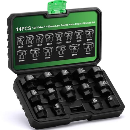 TecoTek 14PCS 1/2" Drive 17-30mm Low Profile Nano Impact Socket Set - size: 17mm - 30mm(1/2" Dr.)
