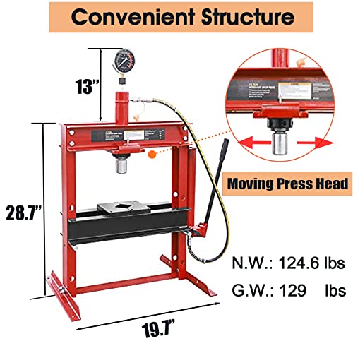 Big RED ATY12001R Torin Steel H-Shape Hydraulic Garage/Shop Benchtop Press with Gauge and Stamping Plates, 12 Ton (24,000 lb) Capacity, Red
