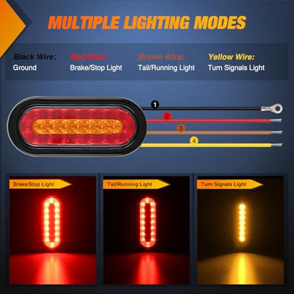 Nilight 6" Oval Trailer Tail Light 2 PCS Red Amber w/Mounting Brackets - color: Red/Amber Tail Lights+Brackets 2Pcs