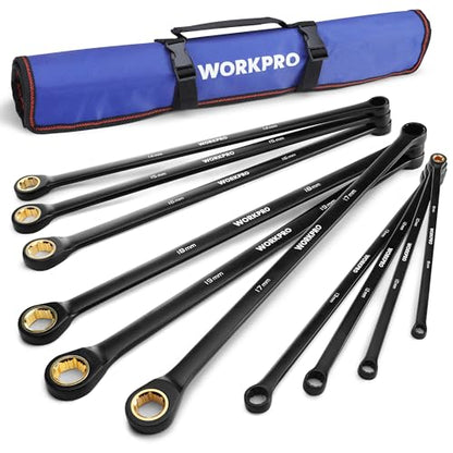 WORKPRO Extra Long Ratcheting Wrench Set, 10-Piece Anti-Slip Double Box Wrenches Set, Metric 8-19 mm, 72-Teeth, Cr-V Steel and Black Electrophoretic Coating Wrenches with Rolling Pouch - size: Metric