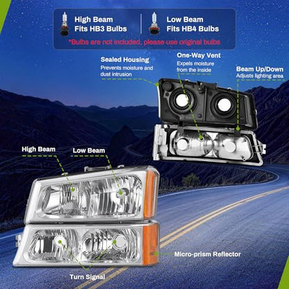 AUTOSAVER88 Headlight Assembly Compatible with 2003-2006 Chevy Silverado - color: OE- Chrome/Amber/Clear