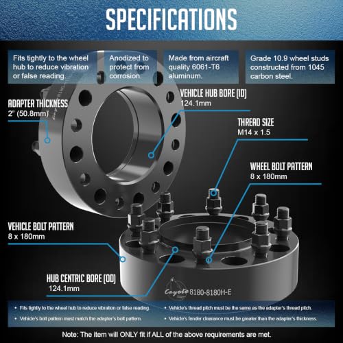 Wheel Accessories Parts 2 Pcs Hub Centric Wheel Spacers 8 on 180mm 2.00 Inch Thick 124.1mm Hub M14x1.5 14x1.5 Thread Stud Fits Chevy Silverado GMC Sierra 2500 3500 Single Rear Wheel (SRW) - size: With Lip, style: 2.00" Alum (2 Pack)