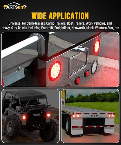 Partsam 2Pcs 4 Inch Round Red Stop Turn Tail Lights and White Backup Lights Kit 19 Diodes w/Rubber Grommets & 3-Prong Wire Pigtails, Red/White Round Led Truck Trailer Tail Lights and Reverse Lights - color: Red/White