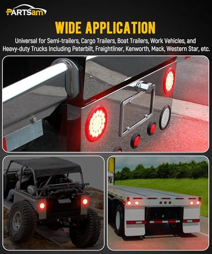 Partsam 2Pcs 4 Inch Round Red Stop Turn Tail Lights and White Backup Lights Kit 19 Diodes w/Rubber Grommets & 3-Prong Wire Pigtails, Red/White Round Led Truck Trailer Tail Lights and Reverse Lights - color: Red/White