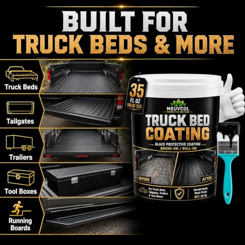 Meuvcol Truck Bed Liner Paint, 35 Oz Black Protective Coating for Pickup Beds, Tailgates, Trailers, Tool Boxes & Metal Surfaces, Brush-On or Roll-On Application with Brush, Gloves & Sandpaper