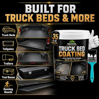 Meuvcol Truck Bed Liner Paint, 35 Oz Black Protective Coating for Pickup Beds, Tailgates, Trailers, Tool Boxes & Metal Surfaces, Brush-On or Roll-On Application with Brush, Gloves & Sandpaper