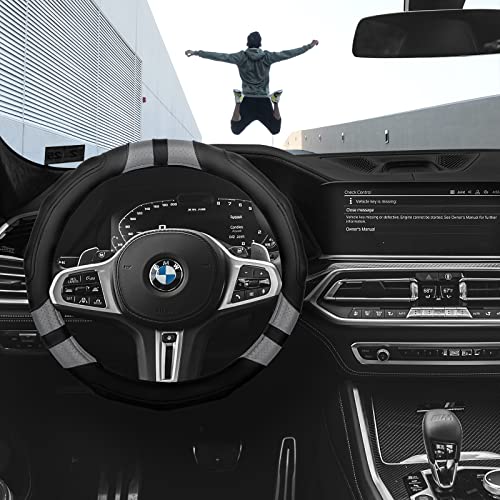 Achiou Steering Wheel Cover 15in Microfiber Leather Anti-Slip Universal - color: Black + Gray