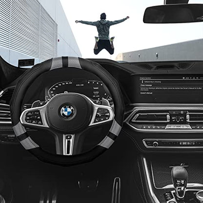 Achiou Steering Wheel Cover 15in Microfiber Leather Anti-Slip Universal - color: Black + Gray