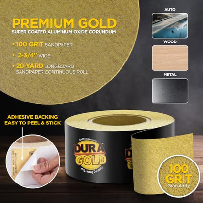 Dura-Gold Gold PSA Longboard Sandpaper, 100 Grit, 20 Yard Roll, 2-3/4" Wide - size: 100-Grit