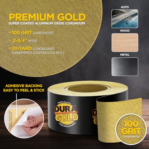 Dura-Gold Gold PSA Longboard Sandpaper, 100 Grit, 20 Yard Roll, 2-3/4" Wide - size: 100-Grit