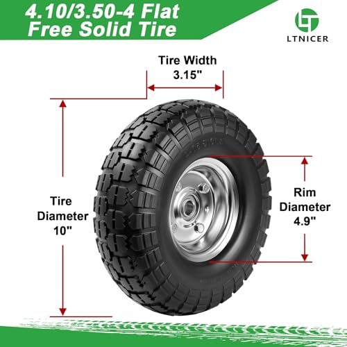 4.10/3.50-4 Tire Wheels Flat Free 10" Heavy Duty Solid Flat-Free Replacement Tire with 5/8 Axle Compatible with Gorilla Carts, Wheelbarrow, Dolly, Hand Truck (2-Pack)