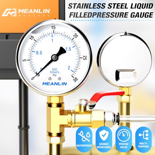 MEANLIN MEASURE 0~30Psi Stainless Steel 1/4" NPT 2.5" FACE DIAL Liquid Filled Pressure Gauge WOG Water Oil Air Lower Mount, with 1/2" NPT and 3/8" NPT Hex Bushing - size: 0-30Psi