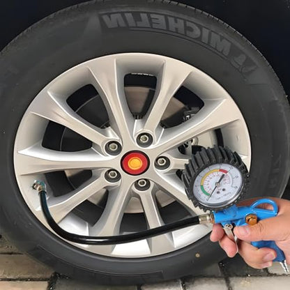 0-220PSI Tire Inflator with Pressure Gauge, 16 BAR Dial Wheel Air Tire Pressure Gauge, Air Compressor Tire Inflator Attachment for Cars Motorcycle Bike