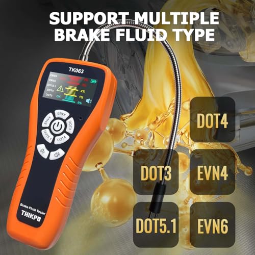 Brake Fluid Tester for DOT3 DOT4 DOT5.1 EVN4 EVN6, High-Sensitivity Digital Brake Oil Moisture Tester with LCD Display, Built-in Calibration, Corrosion Resistance Probe, Buzzer Alarm