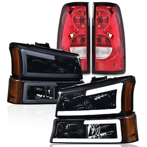 G-PLUS LED DRL Headlights Assembly & Tail Lights Fit Chevy Silverado 1500 1500 HD 2500 2500 HD 2003-2006, Smoky Lens Chrome Housing Amber Reflector Headlamps Assembly Red Taillights - color: Smoky Lens Chrome Housing Amber Reflector & Red, size: C LED