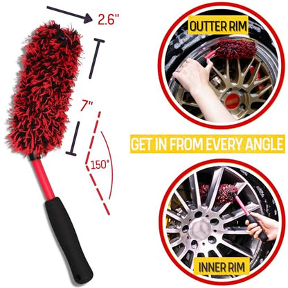 oesee Microfiber Wheel Brush Kit- Microfiber Wheel Brush, Long Handle Wheel Brush, Tire& Detailing Brush, Wheel Wash Mitt. Hands-On Wheel Detailing Kit for Daily Wheel Cleaning - color: Red/Black, size: 5-Pack