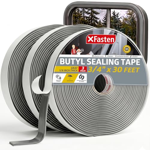 XFasten Butyl Putty Tape, Gray, 1/8" x 3/4" x 30' (3-Pack) EDPM Butyl Rubber Sealant, Stretchable Camper Butyl Tape, Pool, Headlight and RV Sealant - size: 1/8" x 3/4" x 30', 3-Pack