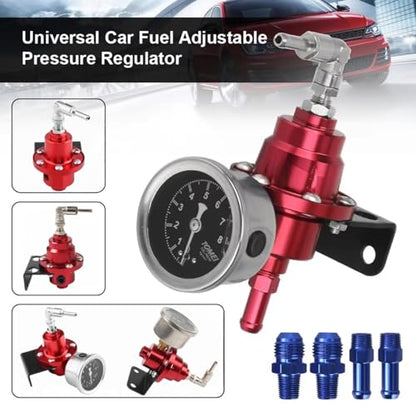 1Pc Universal Adjustable Fuel Pressure Regulator with 1Pc Oil Filled Gauge & 4 Fitting Connectors for Most Cars and Trucks(Red)