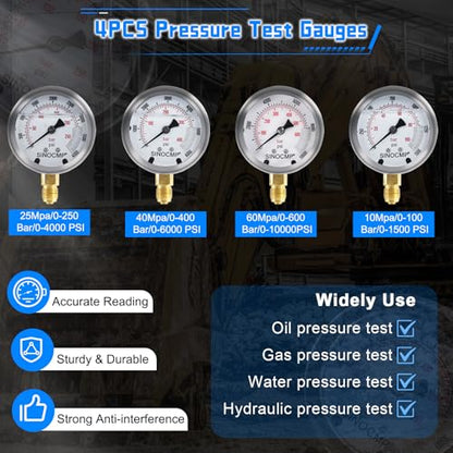Hydraulic Pressure Test Kit with 4 Gauges 10 Couplings 3 Hoses, Hydraulic Tester Gauge Set 10Mpa/25Mpa/40Mpa/60Mpa for Excavator Construction Machinery - size: Silver 4 Gauges 10 Couplings