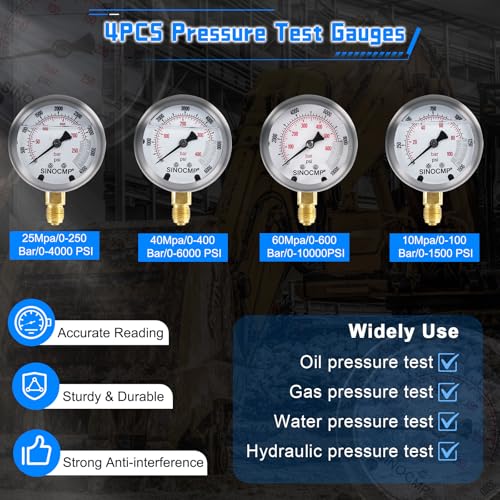 Hydraulic Pressure Gauge Test Kit, 4 Pressure Gauges, 4 Test Hoses, 10 Couplings, 3 Tee Connectors for Excavator Construction Machinery(Gold) - size: Gold 4 Gauges 10 Couplings 3 Tee Connectors
