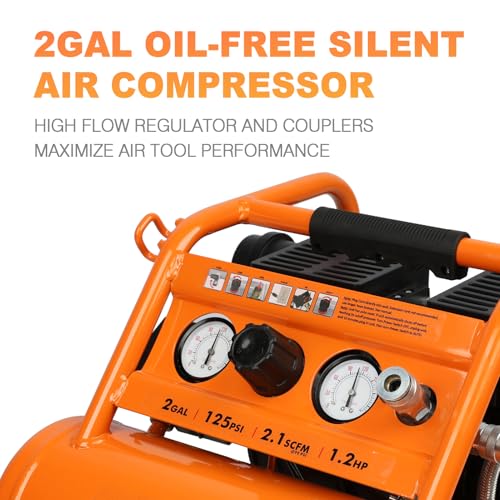 FORNAX Air Compressor Portable 2 Gallon, 1.2 HP 2.1 SCFM@ 90 PSI Oil Free, Max Pressure 135 PSI, 65 dB Silent Air Compressor for Auto Repair, Tire Inflation, Airbrushing, Nailing