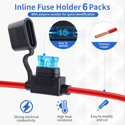 YNZDRWA 6 Pack 12AWG Waterproof Inline Fuse Holder 12V with 66PCS Car Fuses
