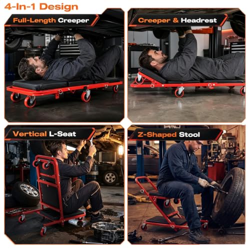 40.5" 4-in-1 Foldable Mechanic Creeper with Adjustable Headrest & 6 Wheels - color: Red, size: 40.5"