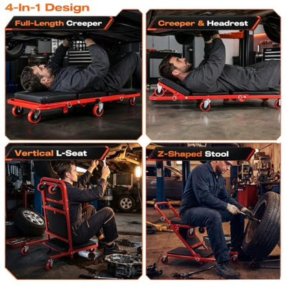 40.5" 4-in-1 Foldable Mechanic Creeper with Adjustable Headrest & 6 Wheels - color: Red, size: 40.5"