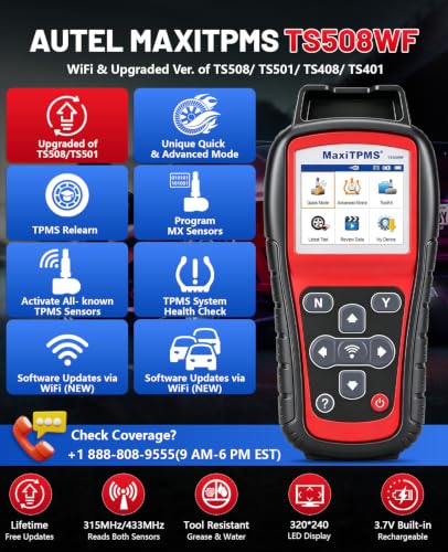 Autel TS508WF TPMS Programming Tool, 2026 WiFi Ver of TS508 TS501PRO TS408S, Tire Pressure Monitor, Program MX-Sensors 315/433MHz, Relearn Activate All Sensors, TPMS Scan Tool Read & Clear DTCs