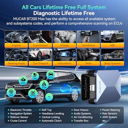 MUCAR AI-Assisted OBD2 Scanner Bluetooth Lifetime Update, BT200 MAX Compatible with ELM327, All System OBD2 Diagnostic Tool with 15 Resets for iOS & Android, CANFD Protocol, Autoauth for FCA SGW