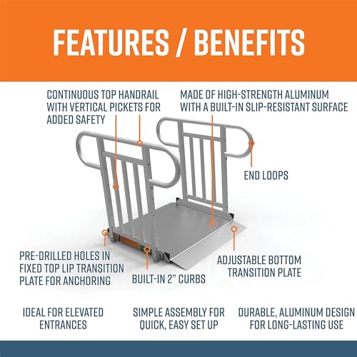 EZ-ACCESS - Portable Wheelchair Ramp and Aluminum Ramp with Handrails - Heavy Duty Mobility Device, Handicap Ramp with Textured Surface for Steps & Vertical Picket Handrails - 3G 3-Foot, Silver - size: 36 Inch (Pack of 1), style: Ramp + vertical picket ra
