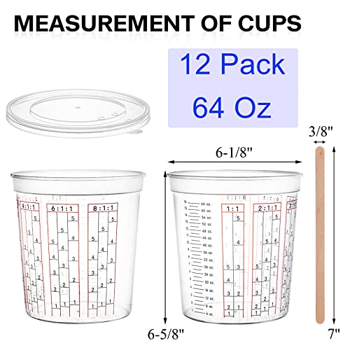 Yesland 12 Pack Paint Mix Cups with Lids and 50 Sticks - 64 Oz Graduated Paint Mixing Cups Plastic Epoxy Measuring Cups with Calibrated Mixing Ratios on Side of Cup for Activators, Thinner, Resin