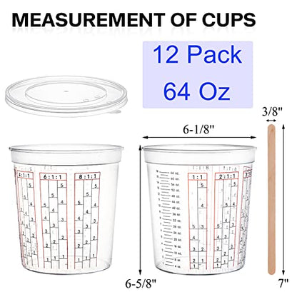 Yesland 12 Pack Paint Mix Cups with Lids and 50 Sticks - 64 Oz Graduated Paint Mixing Cups Plastic Epoxy Measuring Cups with Calibrated Mixing Ratios on Side of Cup for Activators, Thinner, Resin