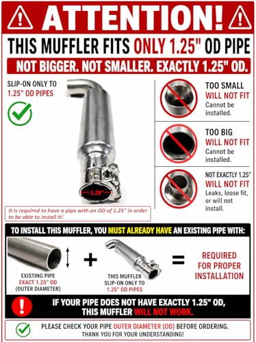 Stainless Steel Muffler Slip-On 1.25" OD tubing, 90 degree exit, Predator 420, Predator 670, Predator 459, GX240, GX270, GX390, Generator, minibike, Gokarts.