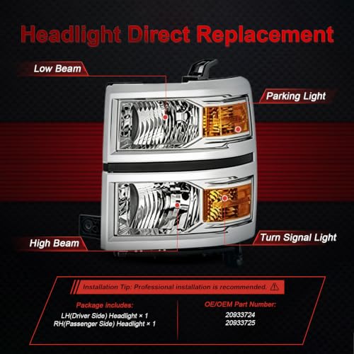 Headlight Assembly for 2014 2015 Chevy Silverado 1500 Headlights - color: Chrome Housing+ Amber Reflector