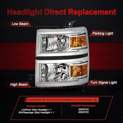 Headlight Assembly for 2014 2015 Chevy Silverado 1500 Headlights - color: Chrome Housing+ Amber Reflector