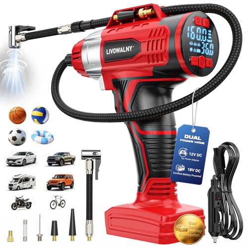 160PSI Cordless Tire Inflator Portable Air Compressor Compatible with Milwaukee 18V Battery, LIVOWALNY 12Ft Cord-12V DC-Powered Air Pump with Digital Pressure Gauge, Auto Shut-Off for Car (Tool Only) - color: Red