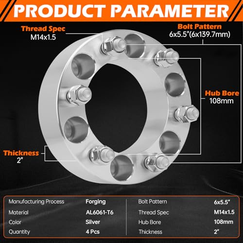 GAHA 6x139.7mm Wheel Spacers 2 inch 108mm Hub Bore, with M14x1.5 - color: 6x139.7-2in-4PCS