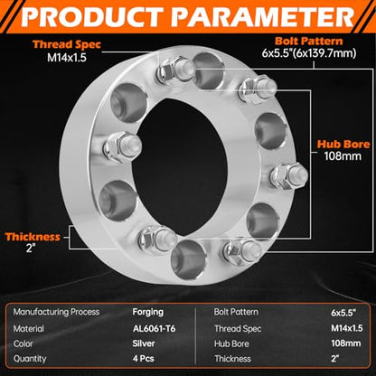 GAHA 6x139.7mm Wheel Spacers 2 inch 108mm Hub Bore, with M14x1.5 - color: 6x139.7-2in-4PCS