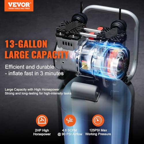 VEVOR 13-Gallon Air Compressor, 2HP, 4.6 SCFM@90PSI, Oil-Free Tank, 66dB Quiet Operation, Ideal for Tire Inflation, Woodworking, Auto Repairs, and Spray Painting (Maximum Pressure 125 PSI) - color: Gray, size: 13 Gallon